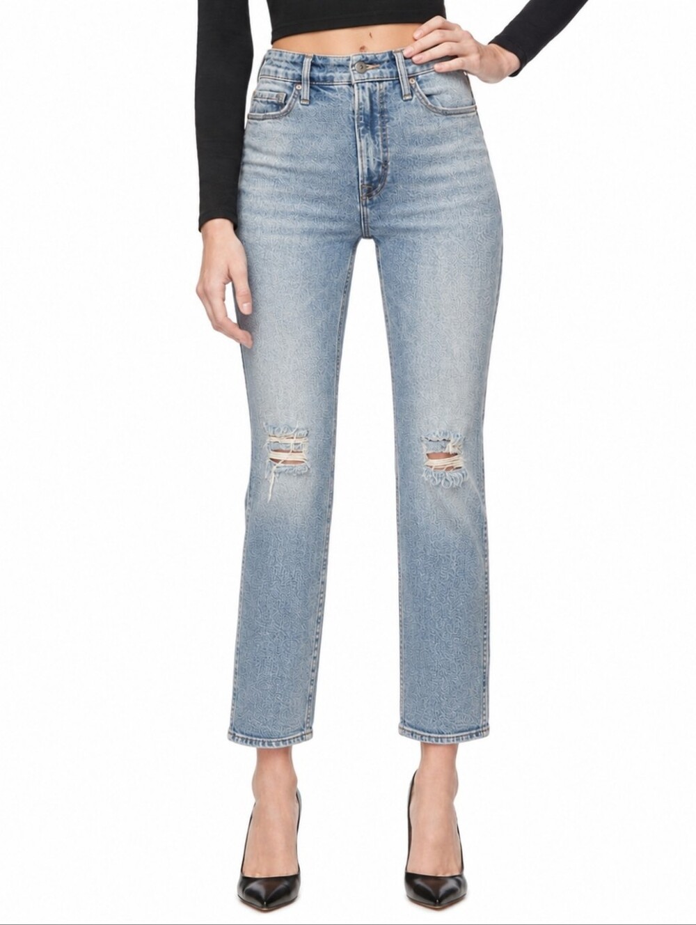 ❤️ GOOD AMERICAN GOOD CURVE HIGH RISE STRAIGHT LEG JEANS, DISTRESSED, 6 (28)